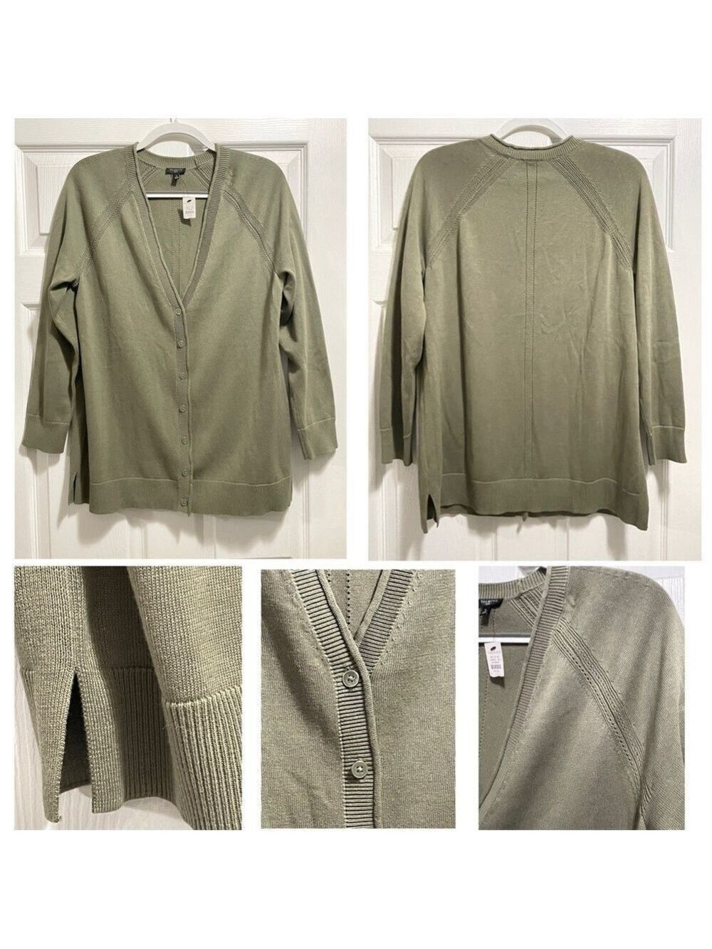 NWT Talbots Cardigan Relaxed Fit Button Front Slit Hem Olive Green Sz Large Pet